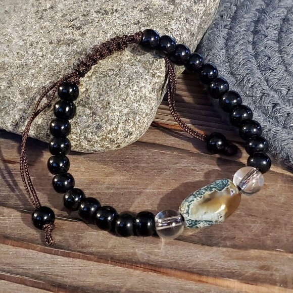 Tibetan Moss Agate Black Beads Gemstone Bracelet - Picture 2 of 6